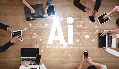 A meeting with several devices, connecting with AI.