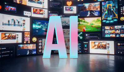 The letters AI standing in front of a backdrop of digital marketing mediums.