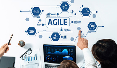 Project managers using a whiteboard to organize and Agile process.