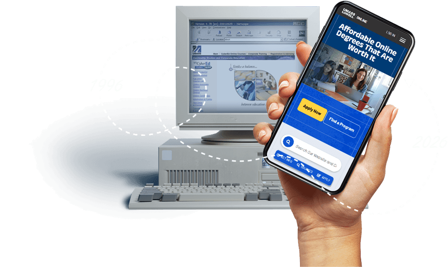 An old computer showing the UMass Lowell Online website from 1996 and a hand holding a modern phone showcasing the same website today.