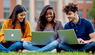 A group of students studying outside, on campus.