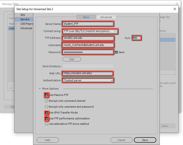 Screenshot of Dreamweaver connection settings.